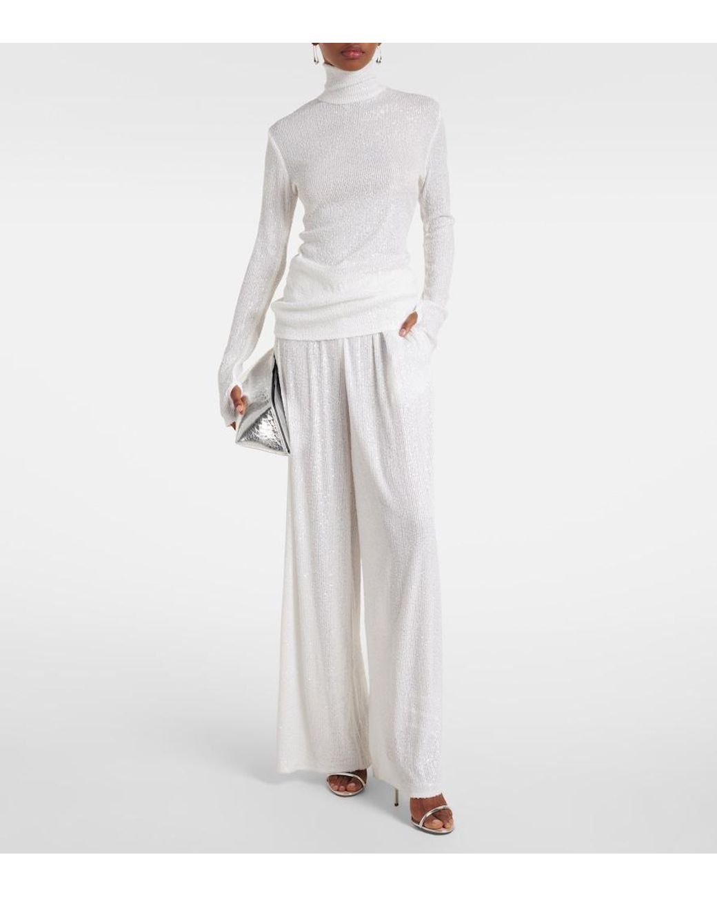 Norma Kamali White Sequined Wide-Leg Pants