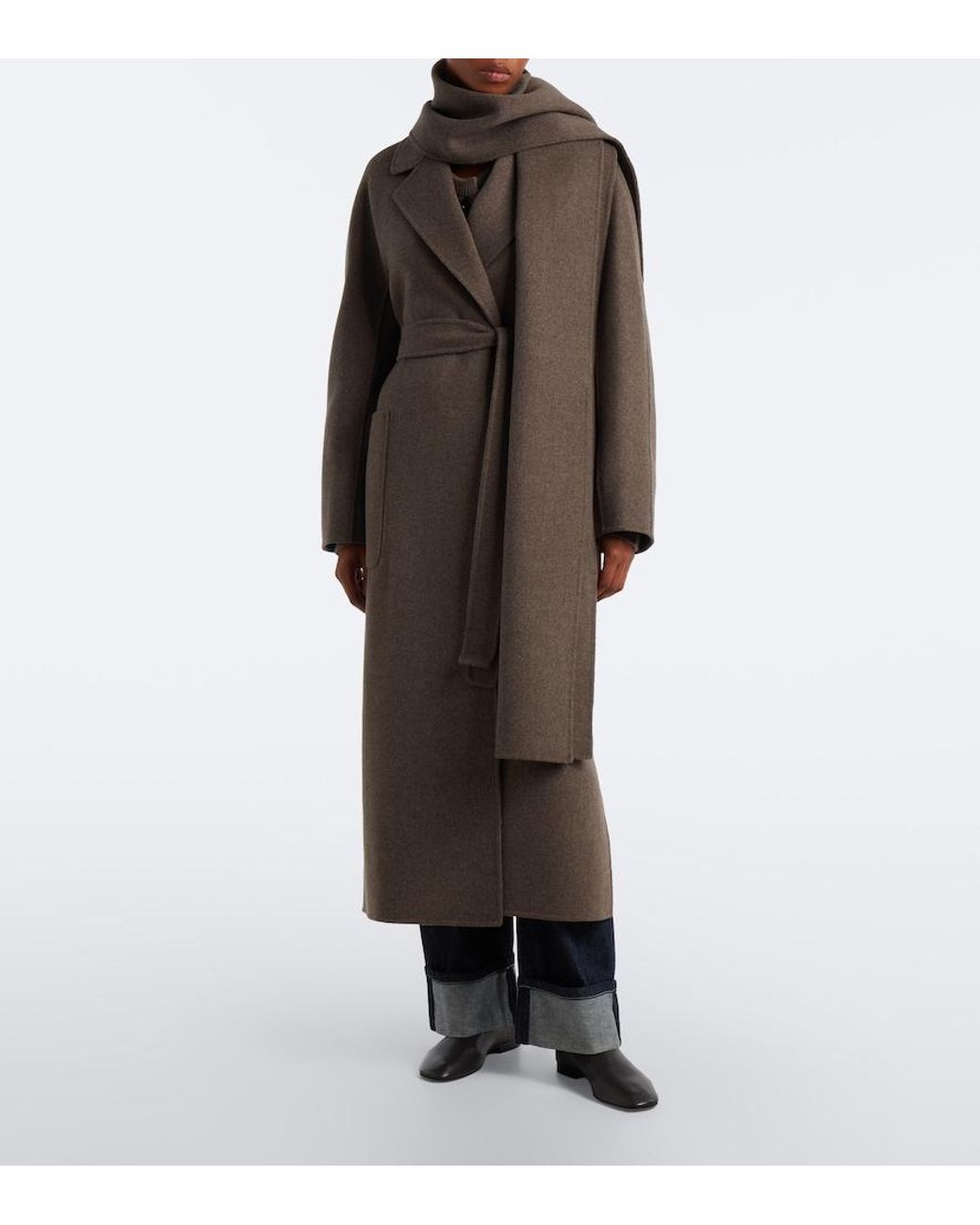 Max Mara Brown Scarf-Detail Virgin Wool Wrap Coat