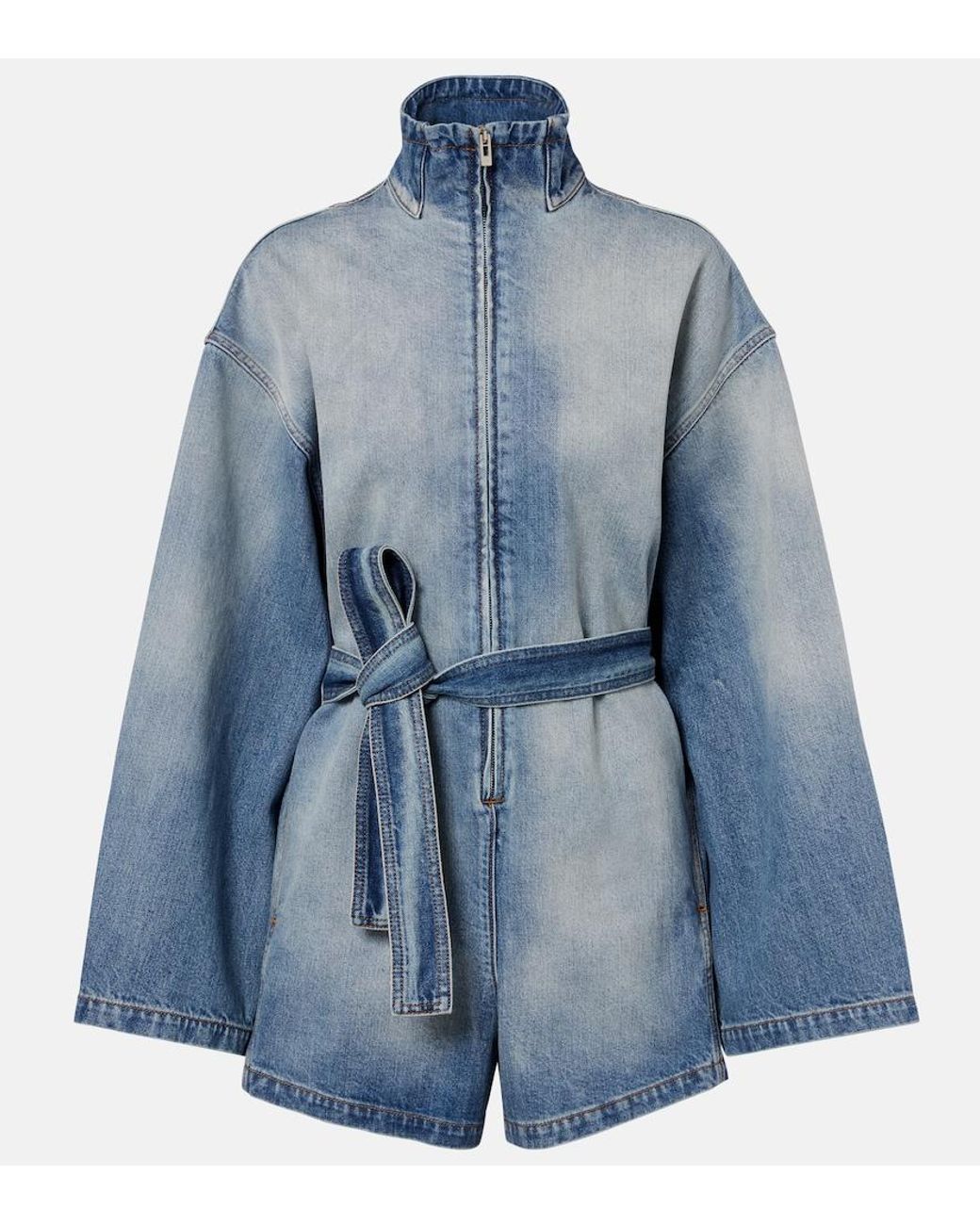Alaïa Blue Belted Cotton Denim Romper
