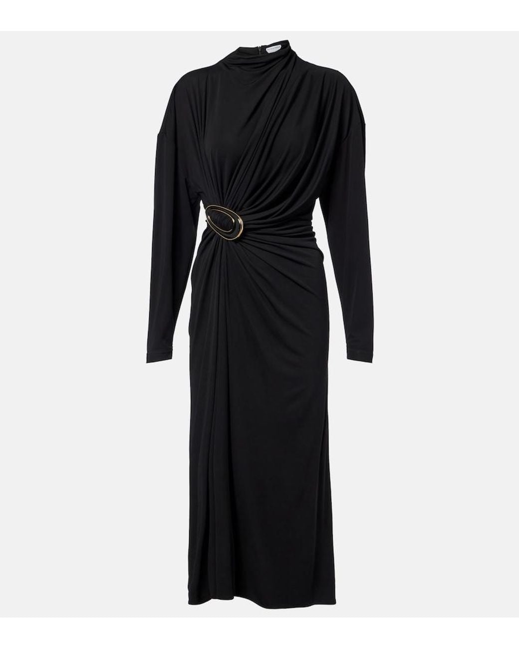 Bottega Veneta Black Gathered Crepe Jersey Midi Dress