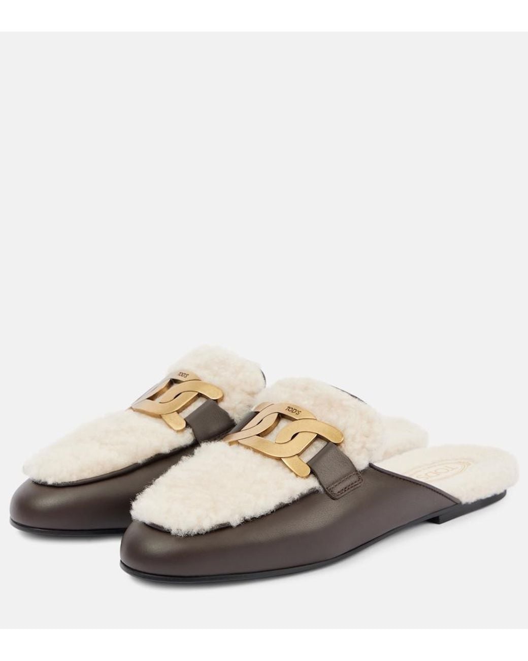 Tod's White Catena Shearling And Leather Mules