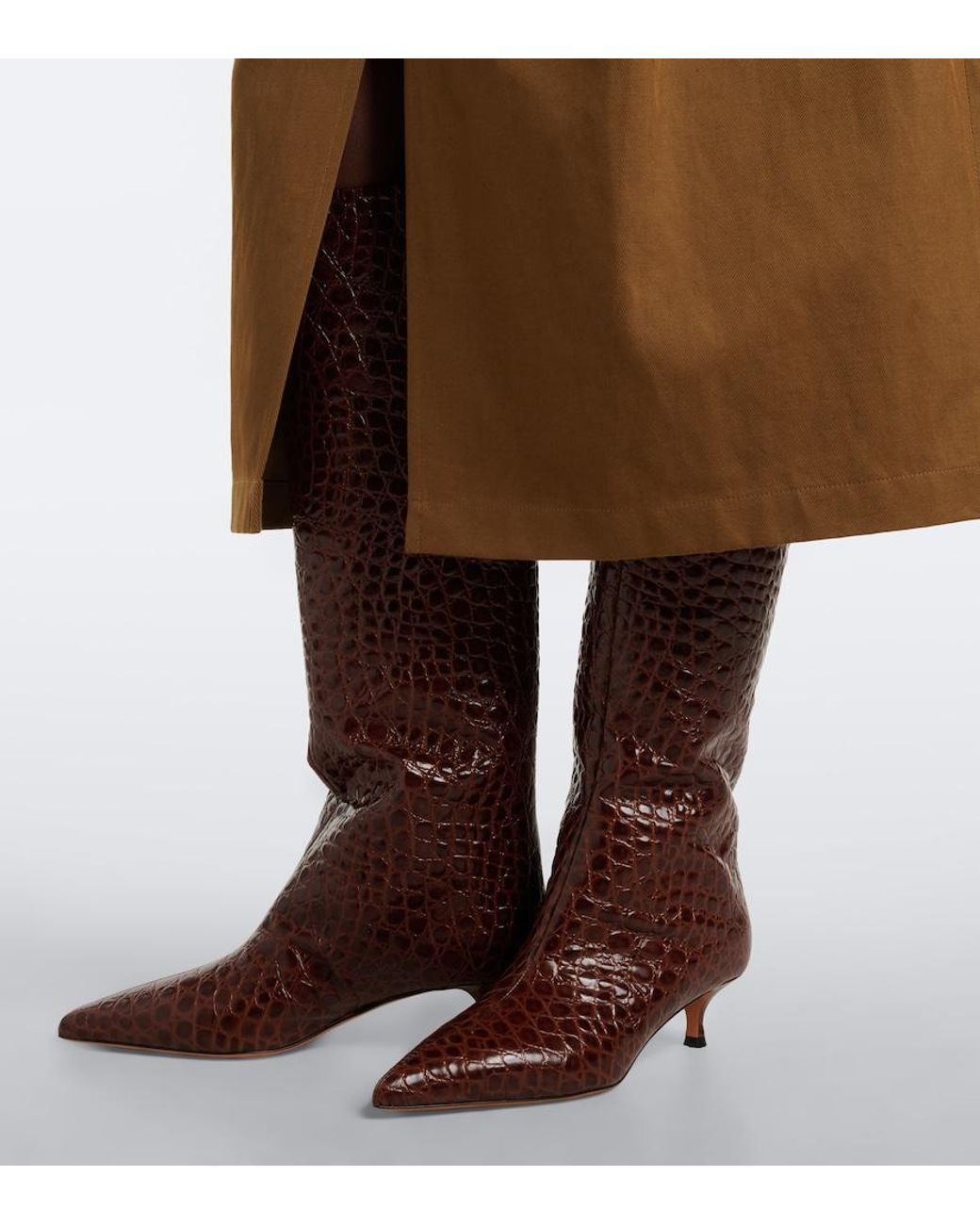 Le Monde Beryl Brown Babouche Croc-Effect Leather Knee-High Boots