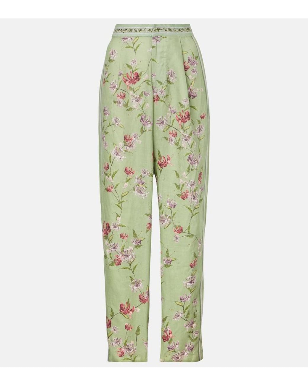 Agua Bendita Green Florecer Honeysuckle Linen Wide-Leg Pants