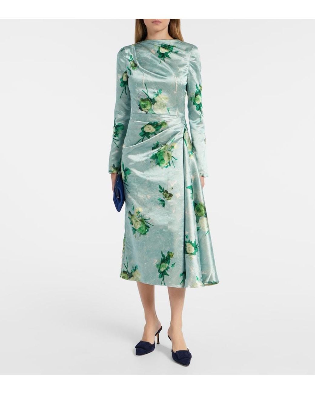Erdem Green Draped Floral Satin Midi Dress