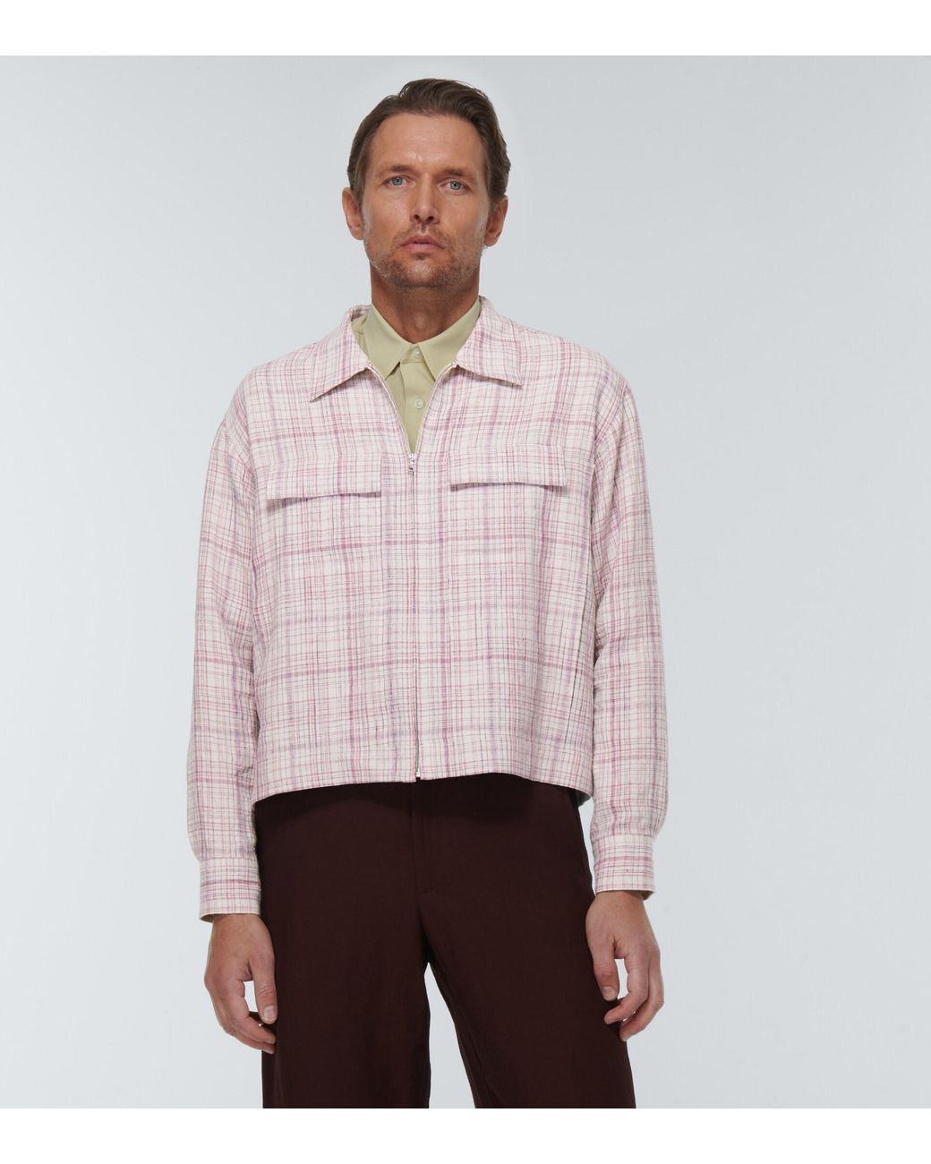 AURALEE Checked Linen And Silk Blouson Jacket in Pink for Men | Lyst