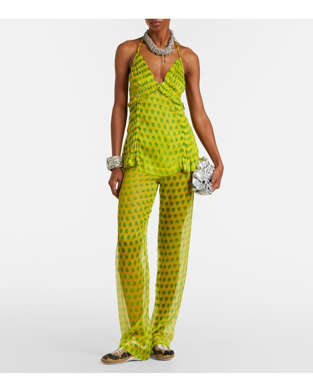 Dries Van Noten Green Polka-Dot Halterneck Silk Top