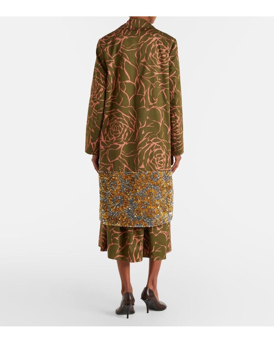 Dries Van Noten Brown Floral Sequined Cotton Wrap Coat