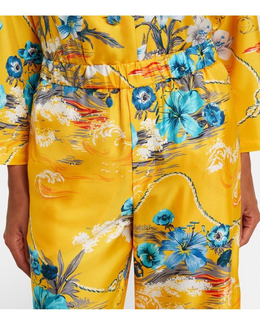Gucci Yellow Floral Silk Twill Wide-Leg Pants