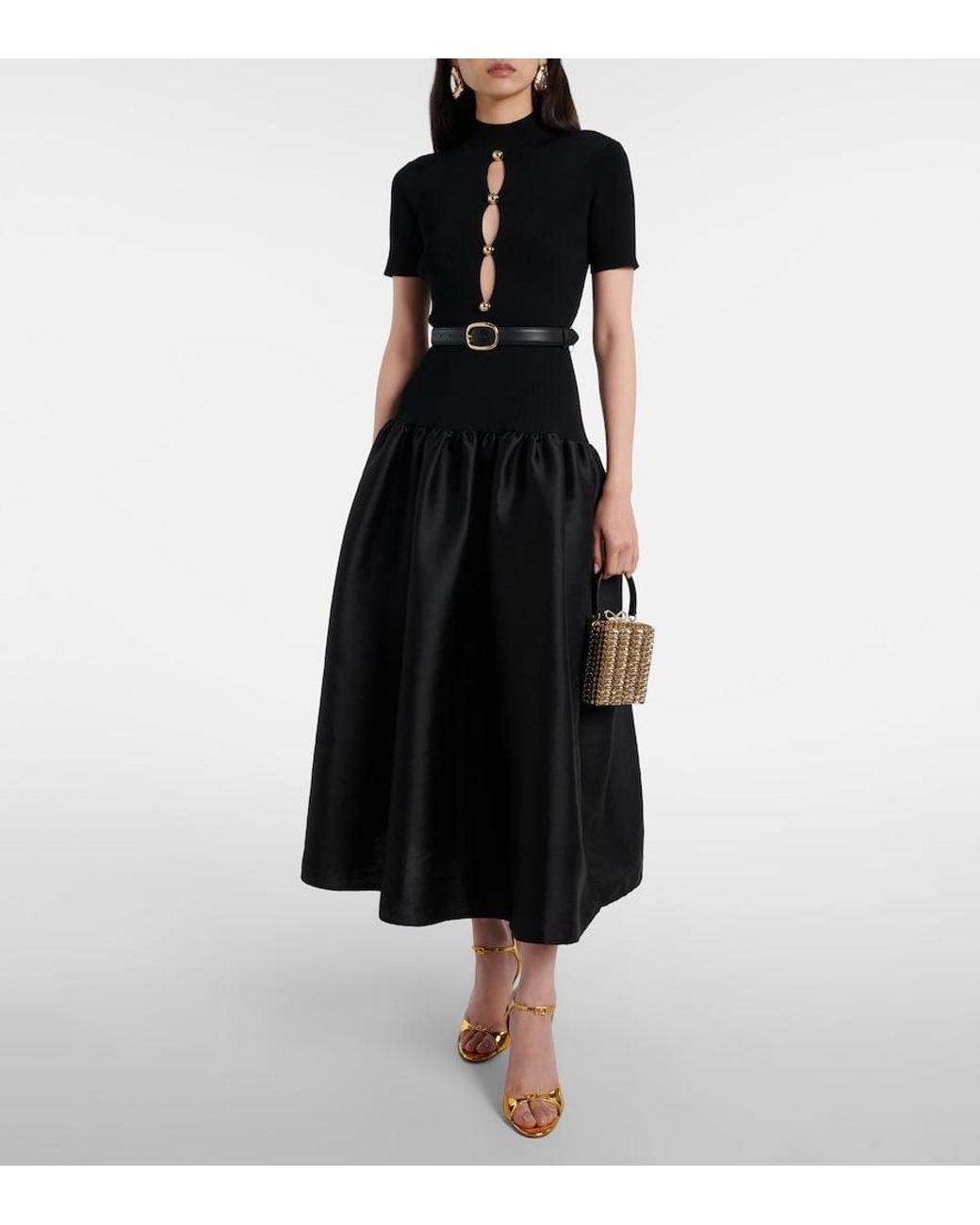 Self-Portrait Black Belted Keyhole Cutout Taffeta Midi Dress