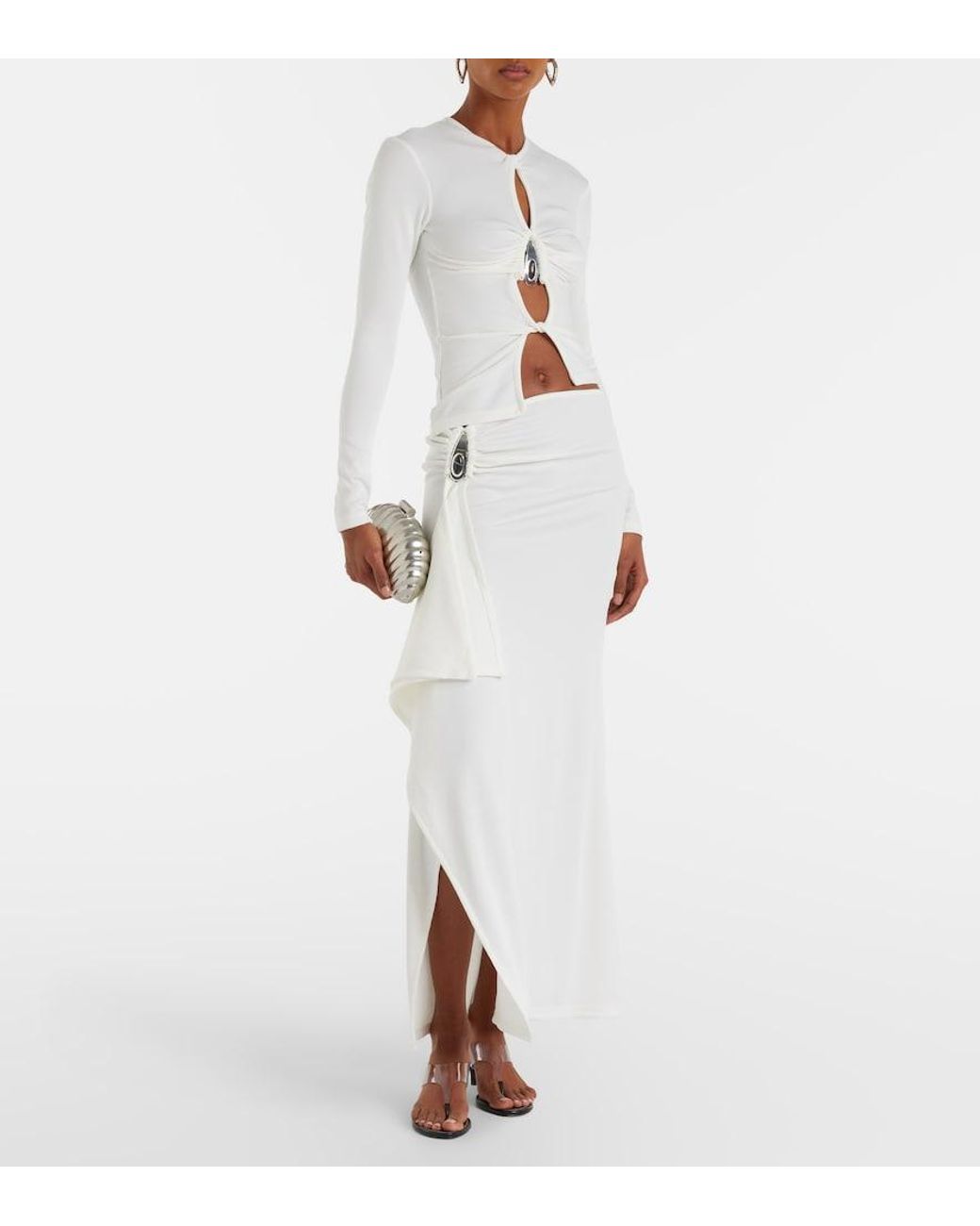 Christopher Esber White Ribbed-Knit Draped Maxi Skirt