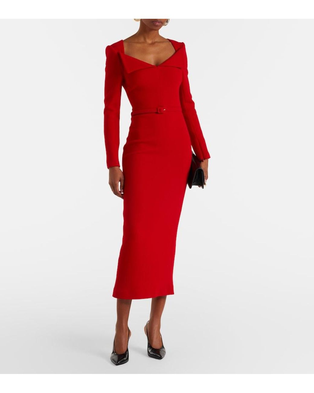 Roland Mouret Red Belted Wool Midi Dress