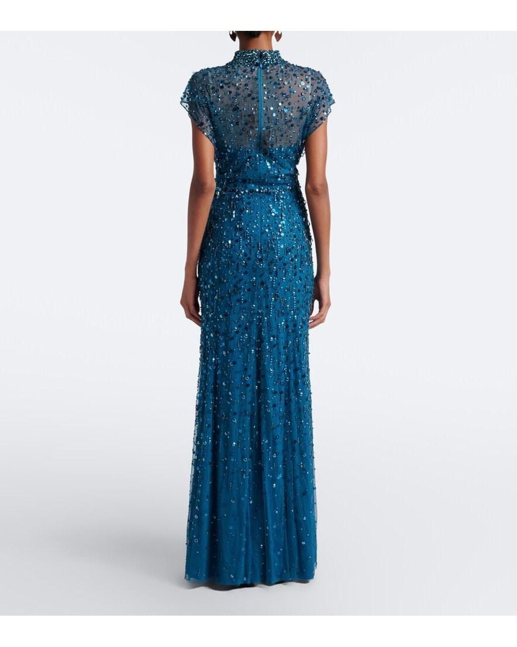 Jenny Packham Blue Crystal Drop Embellished Gown