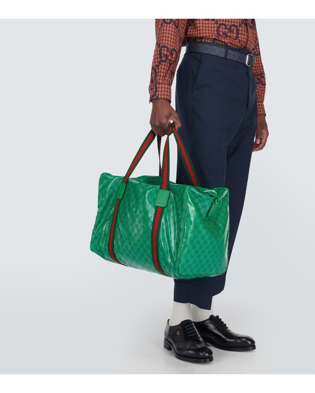Large duffle bag with Web in green GG Crystal canvas