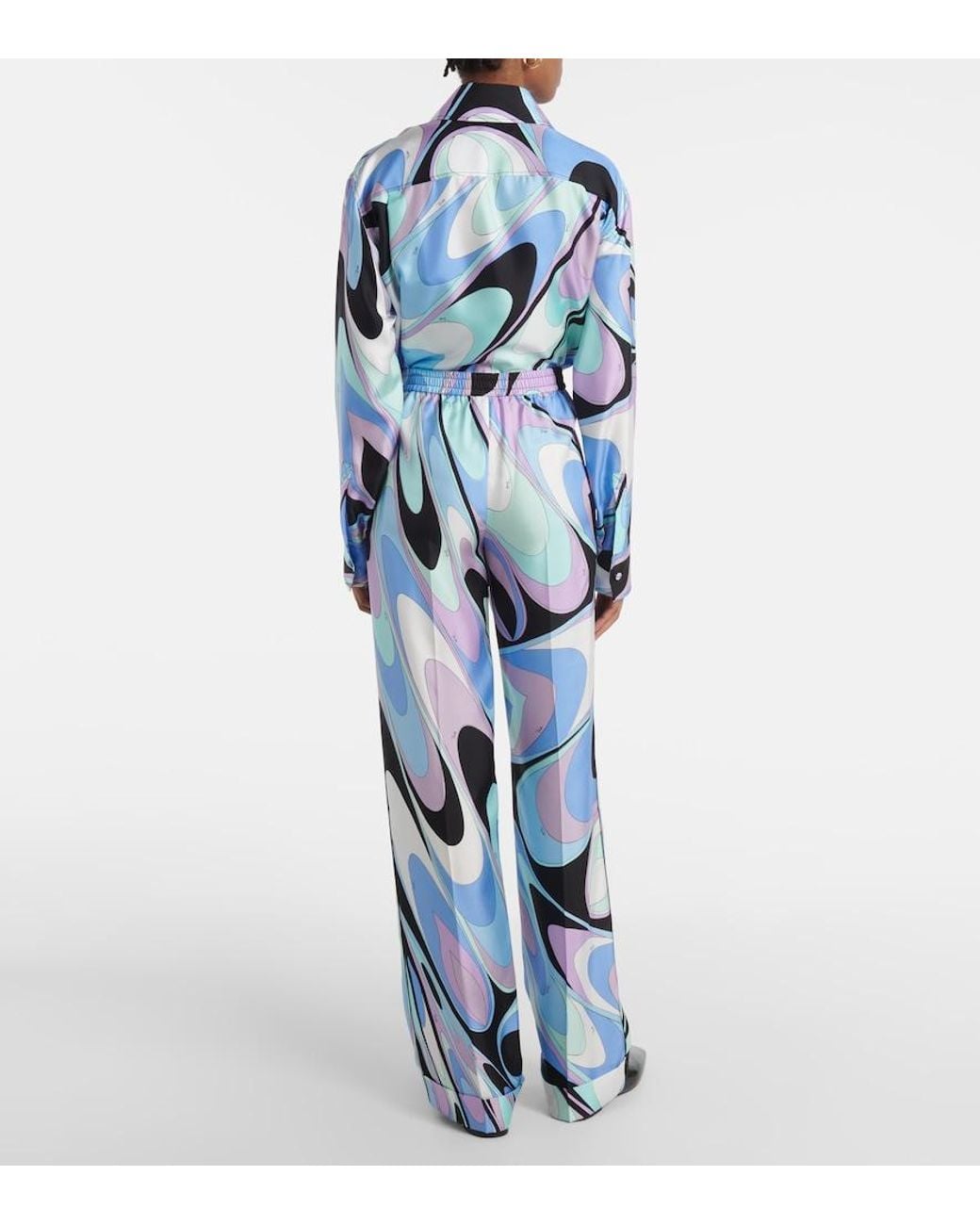 Emilio Pucci Blue Printed Silk Twill Wide-Leg Pants