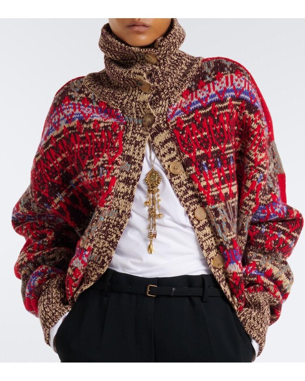 Dries Van Noten Red Oversized Wool And Cashmere Jacquard Cardigan