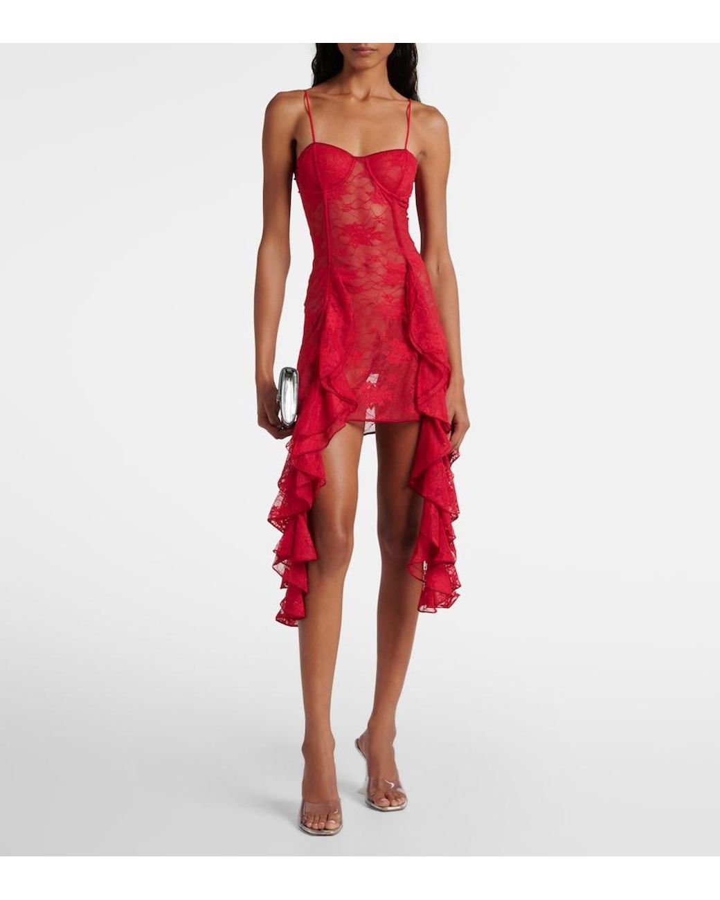 Oseree Red Ruffled Lace Bustier Dress