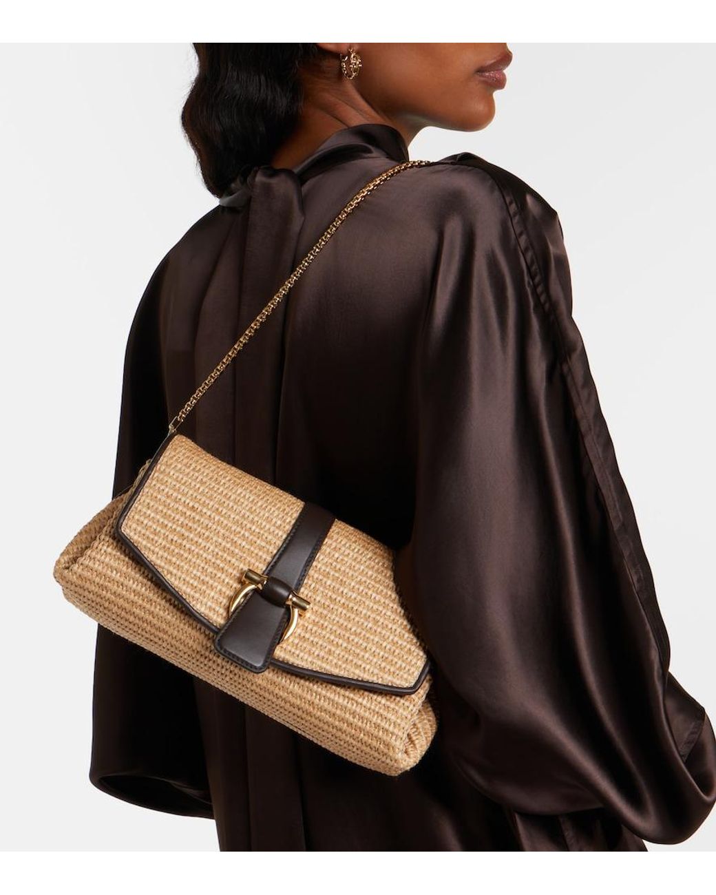 Ferragamo Natural Mia Small Raffia Shoulder Bag