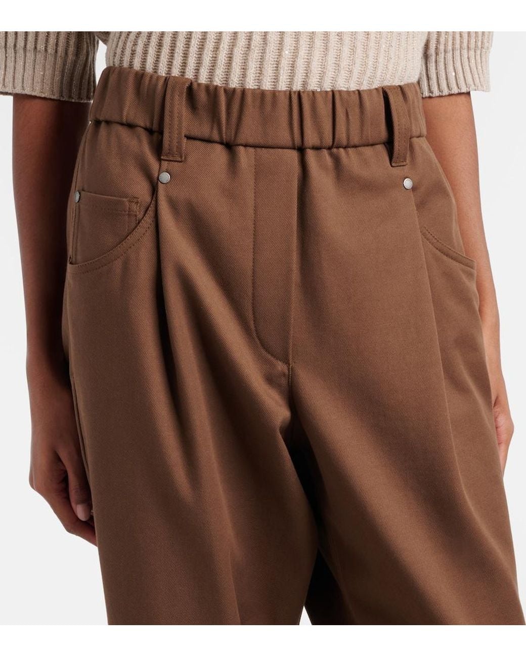 Brunello Cucinelli Brown Monili Cotton-Blend Straight Pants