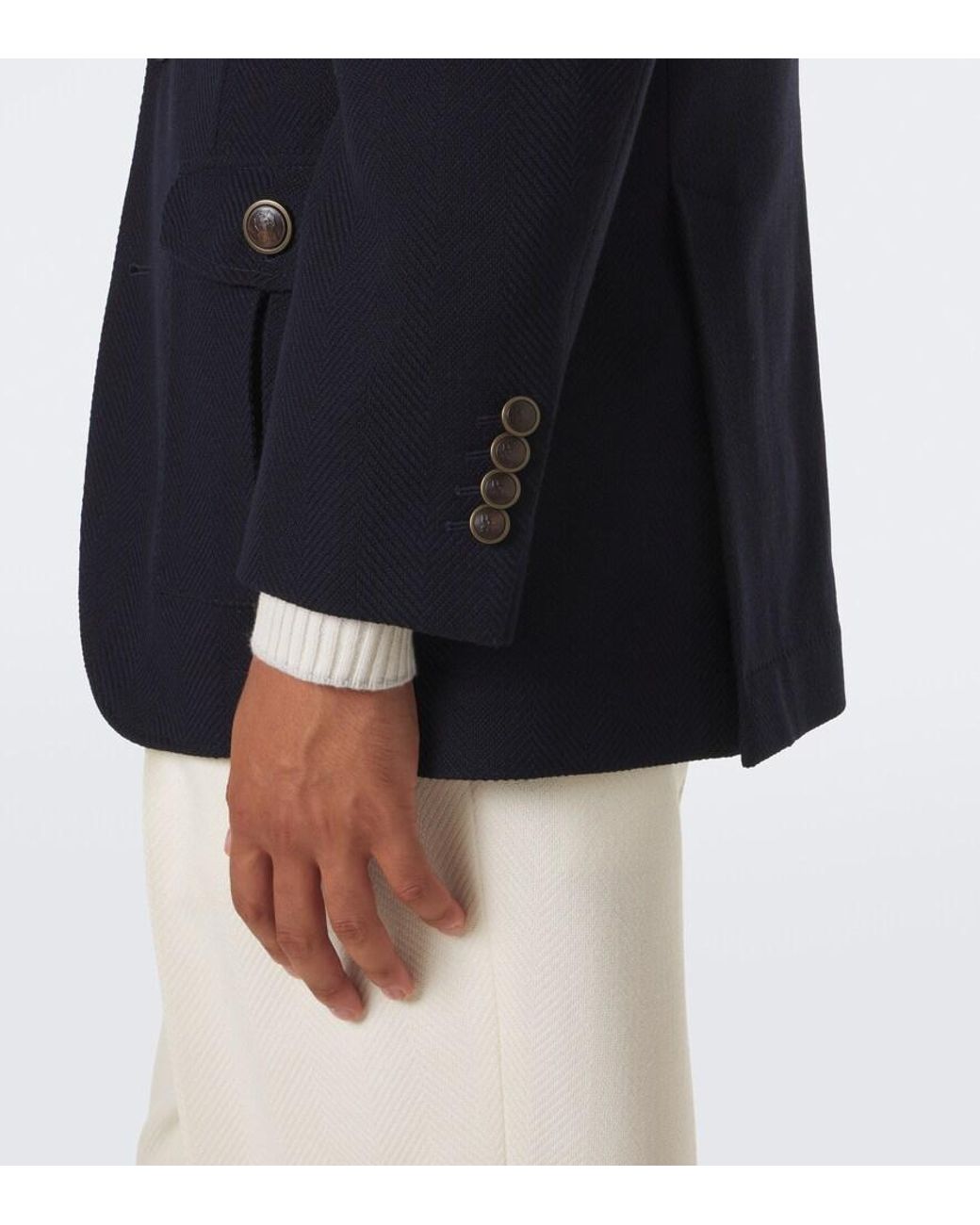 Brunello Cucinelli Blue Herringbone Layered Wool And Cotton Jacket for men
