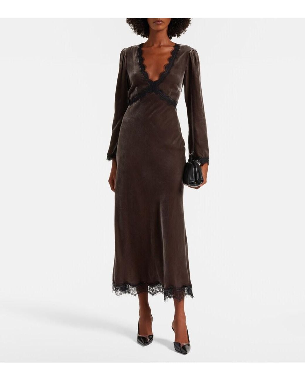 RIXO London Alesha Lace-Trimmed Velvet Midi Dress in Brown