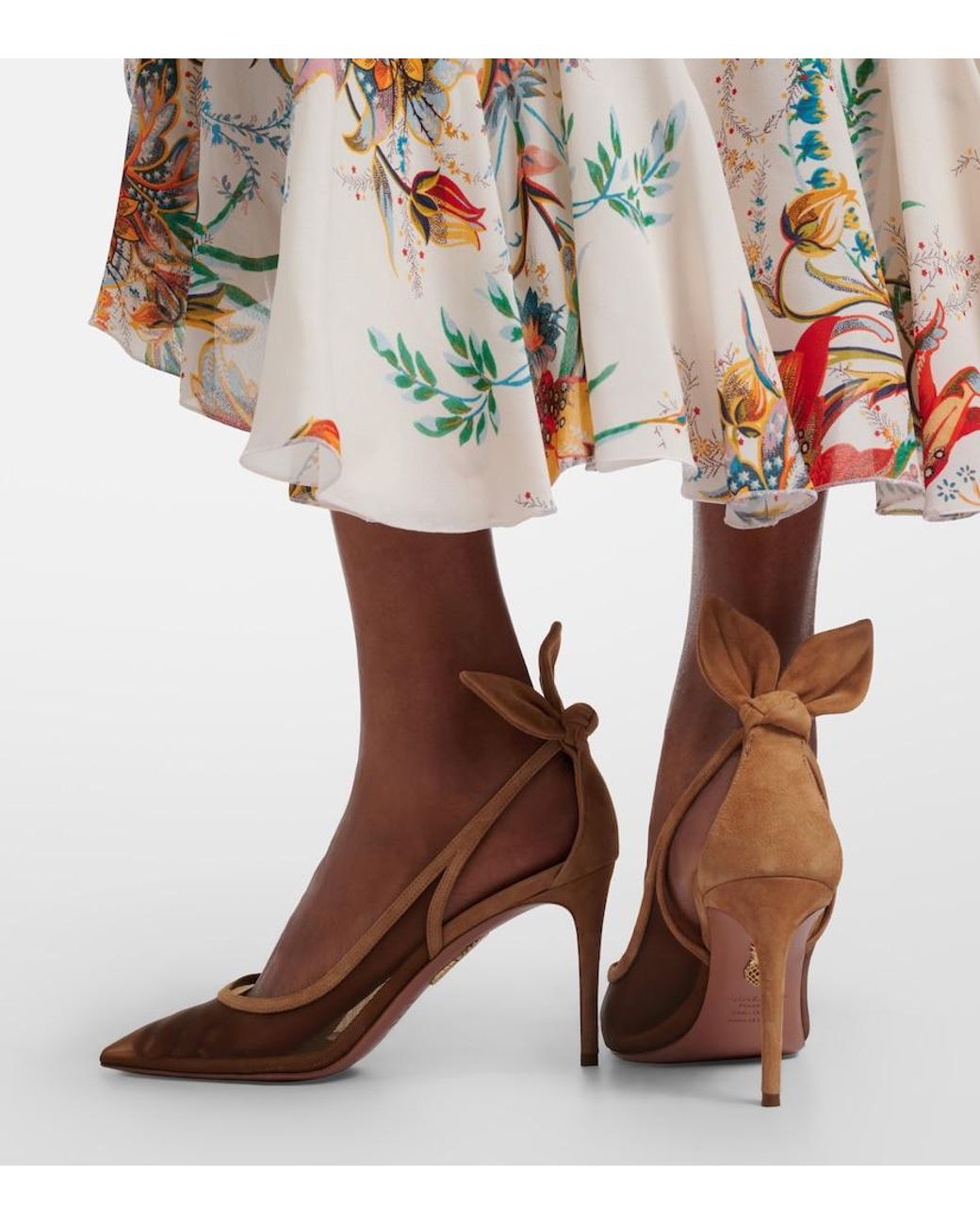 Aquazzura Brown Bow Tie Suede-Trimmed Mesh Pumps
