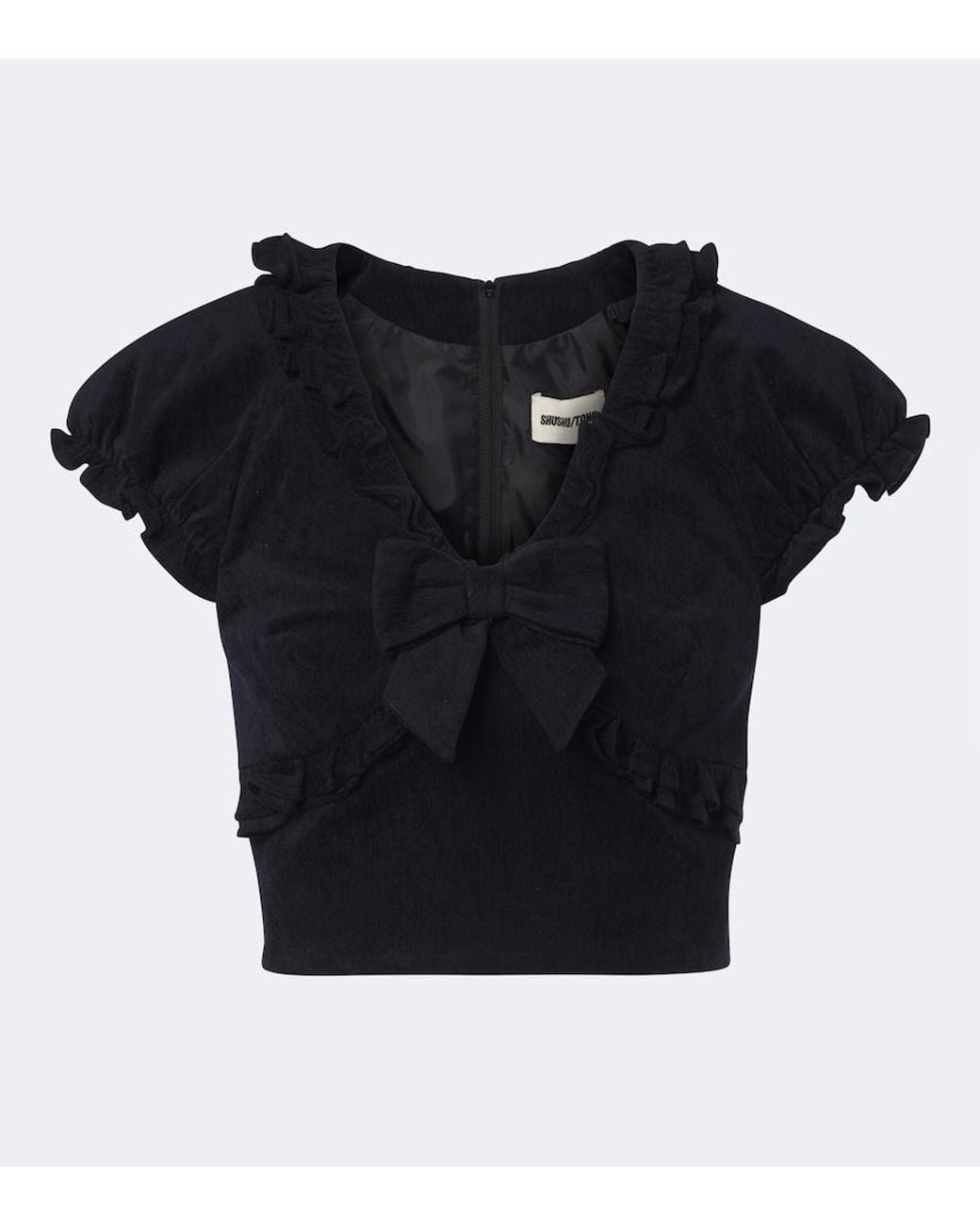 ShuShu/Tong Black Embellished Ruffled Cotton-Blend Top