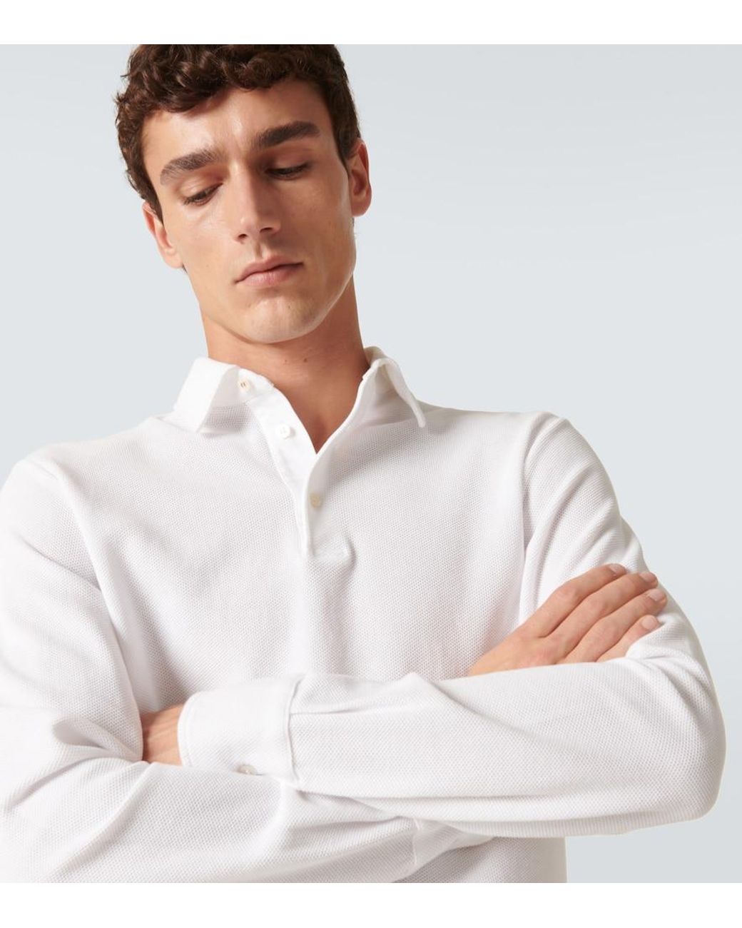 Loro Piana White Cotton Long-Sleeved Polo Sweater for men