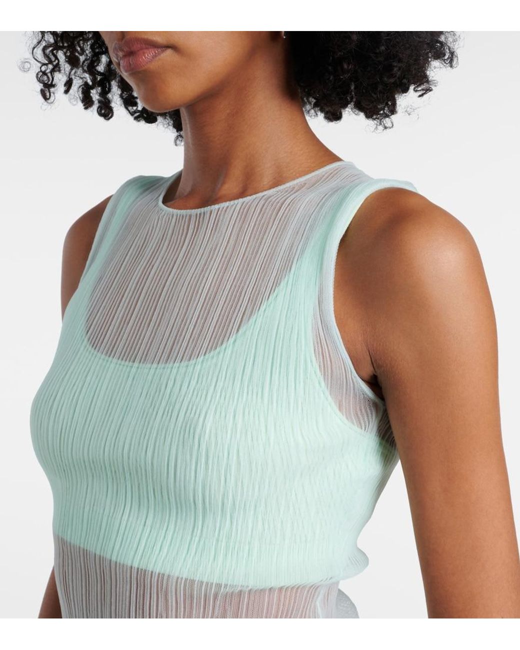 Jonathan Simkhai Green Oakley Plisse Semi-Sheer Tank Top
