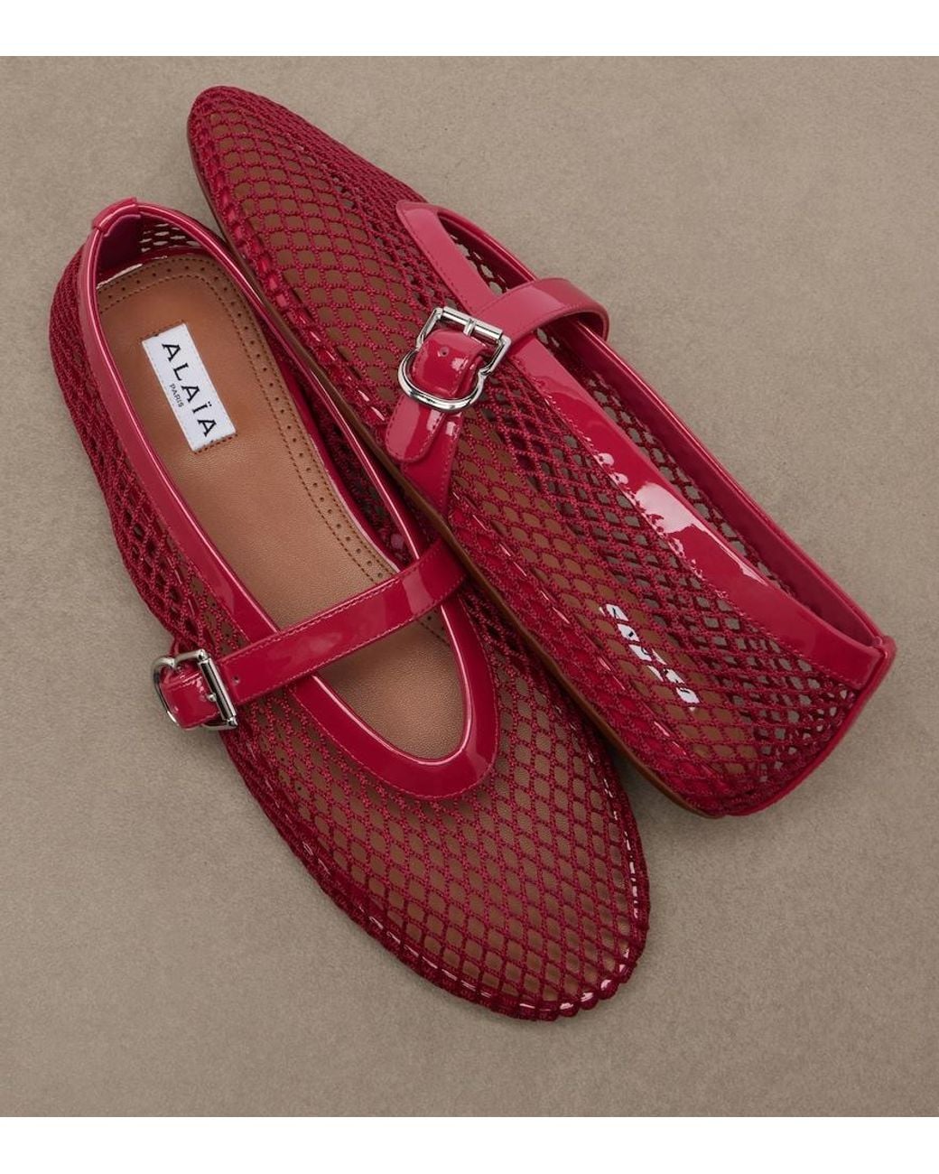 Alaïa Red Leather-Trimmed Fishnet Mary Jane Flats