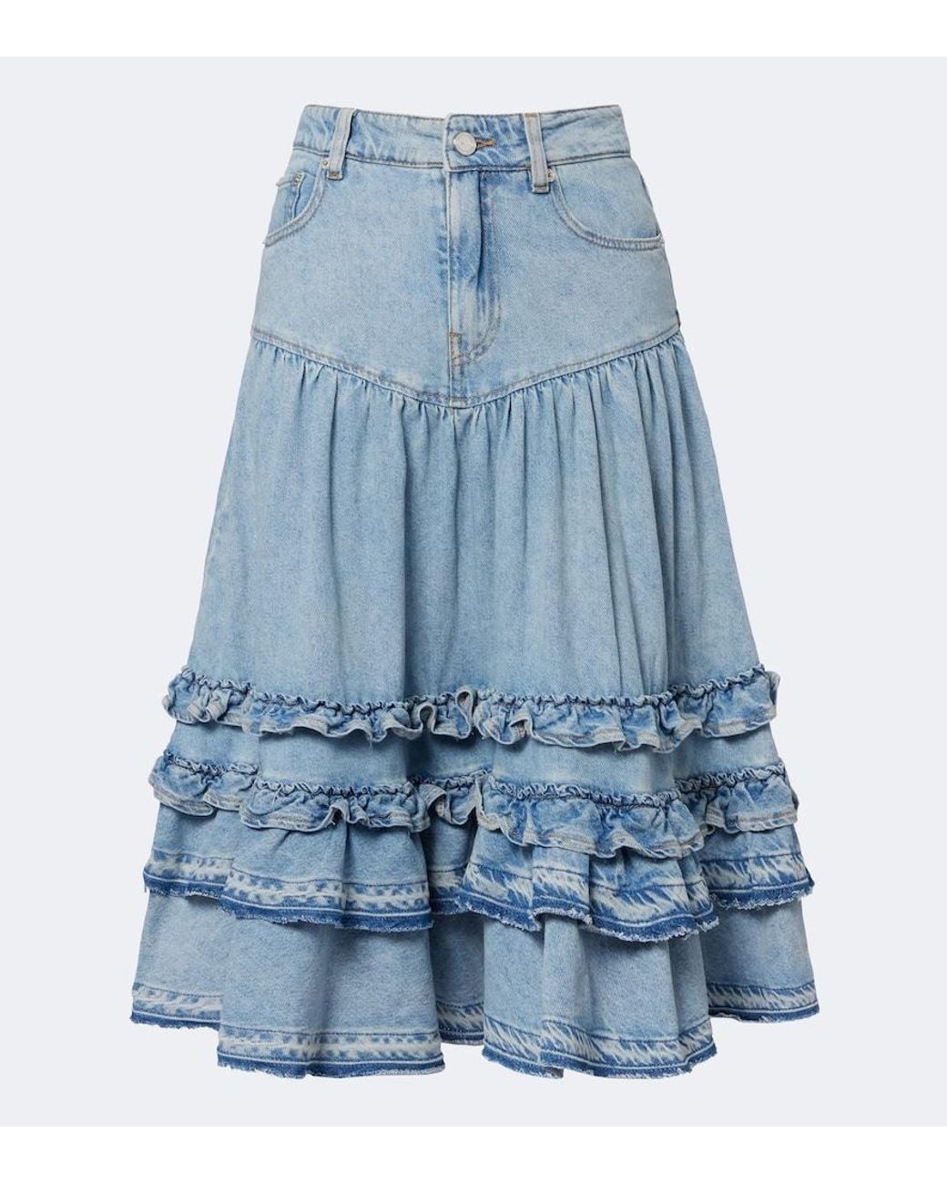 Ganni Blue Ruffled Denim Midi Skirt