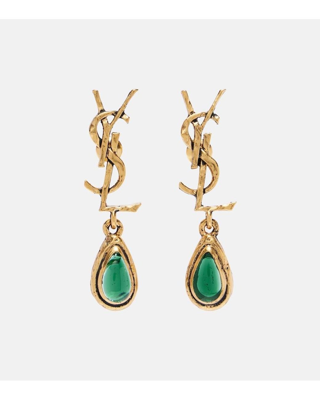 Saint Laurent White Cassandre Embellished Drop Earrings