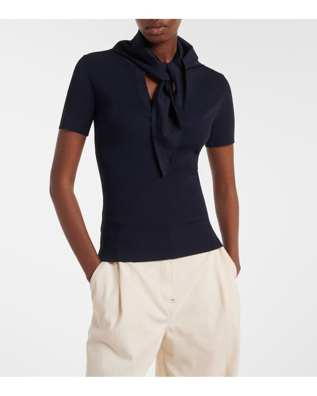 Max Mara Blue Scarf-Detail Knitted Top