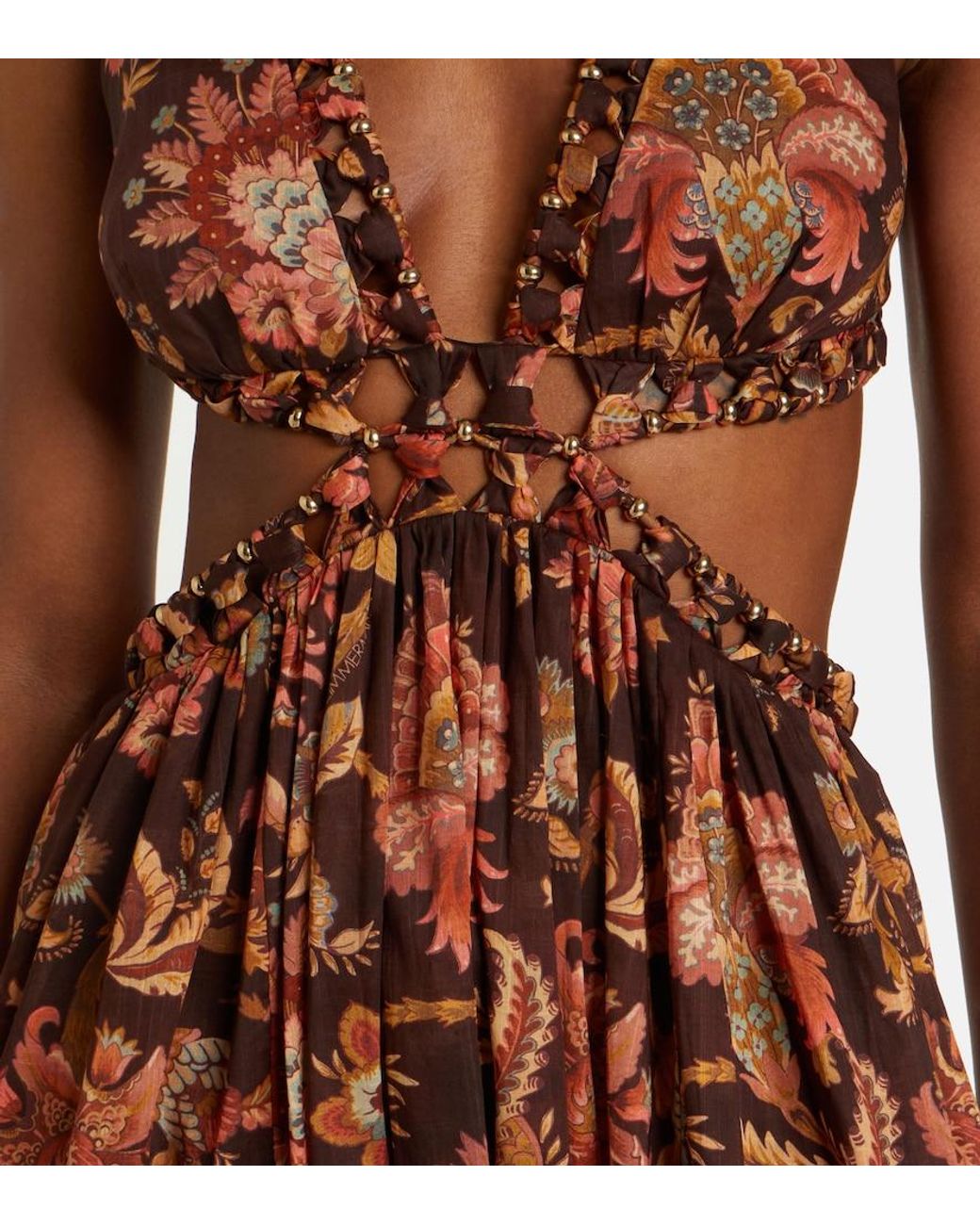 Zimmermann Brown Aster Cutout Floral Cotton Midi Dress