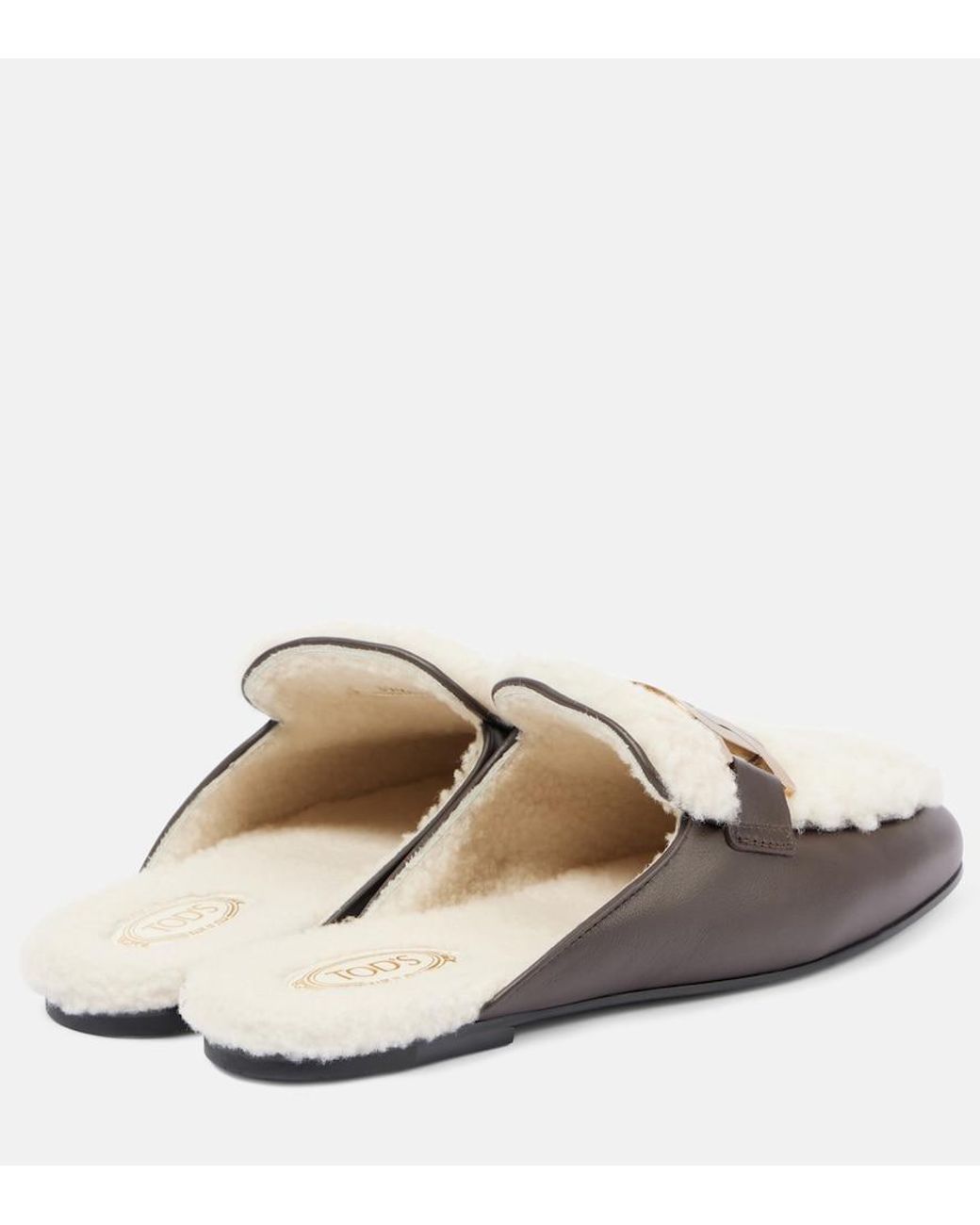 Tod's White Catena Shearling And Leather Mules