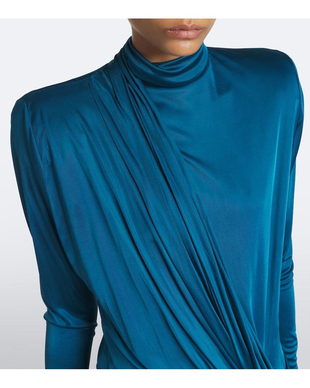 Balmain Blue Gathered Jersey Midi Dress