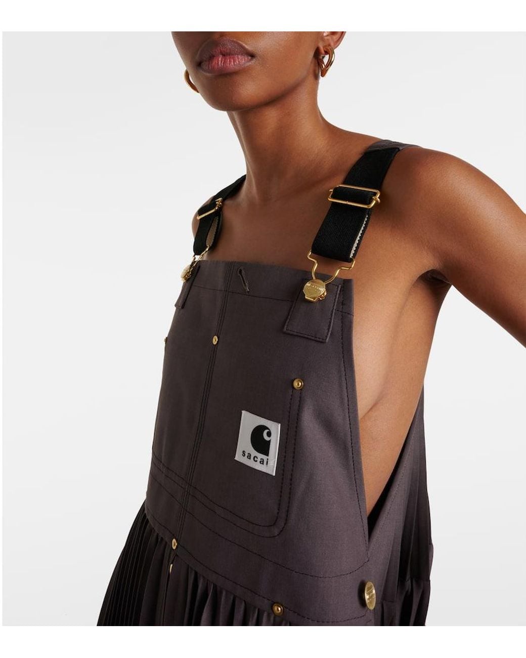sacai x carhartt apron flared pleated overall dress Sacai X Carhartt Pleated Maxi Dress in Natural