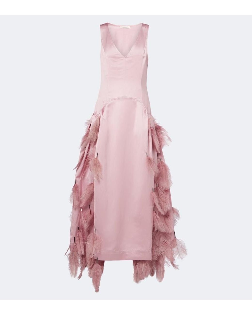 JACQUES WEI Pink Feather-Trimmed Satin Gown