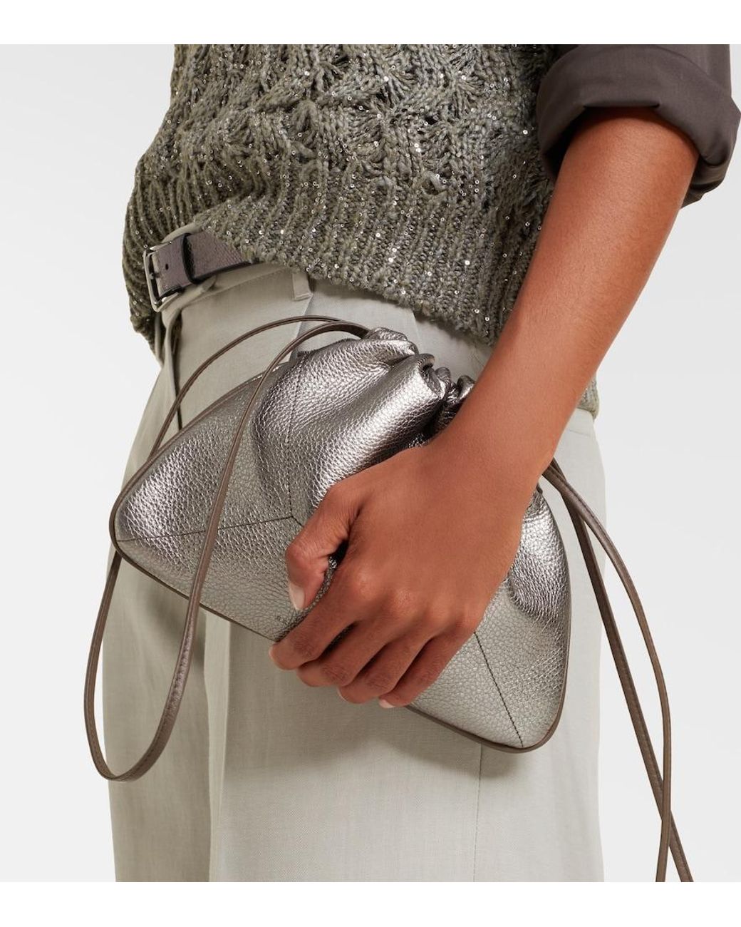 Brunello Cucinelli Gray Monili Small Metallic Leather Crossbody Bag