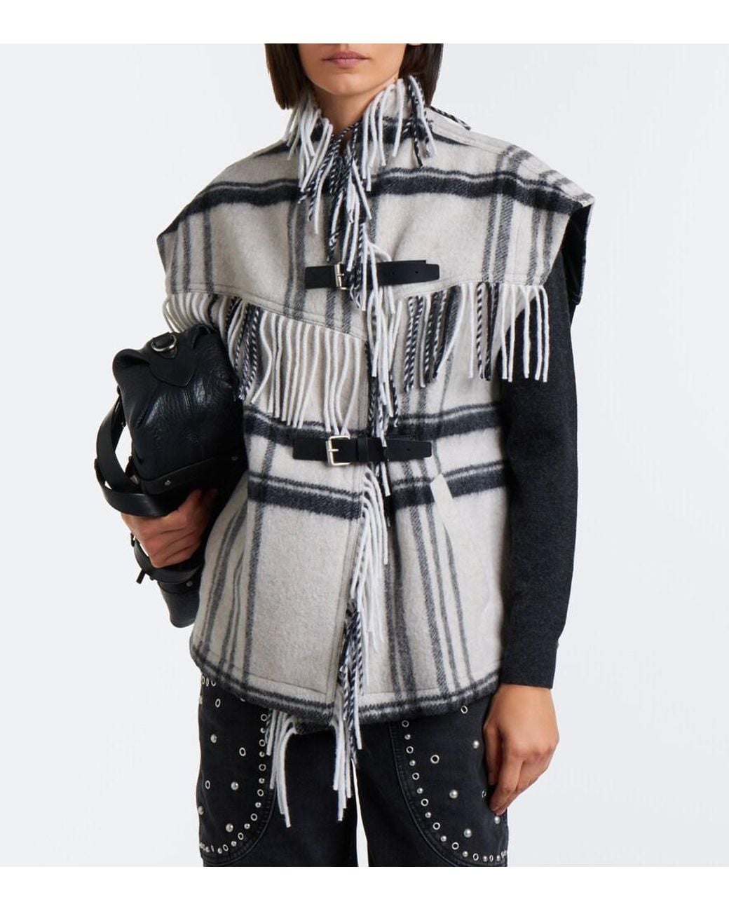 Isabel Marant White Ginesa Checked Fringed Wool-Blend Vest