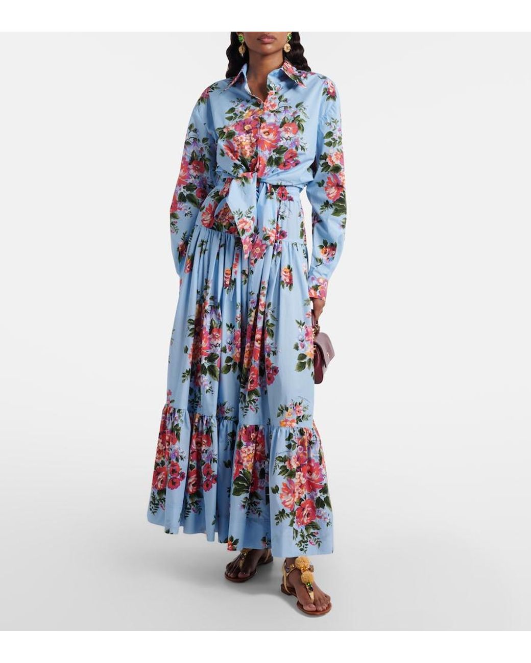 Dolce & Gabbana Blue Floral Cotton Poplin Maxi Skirt