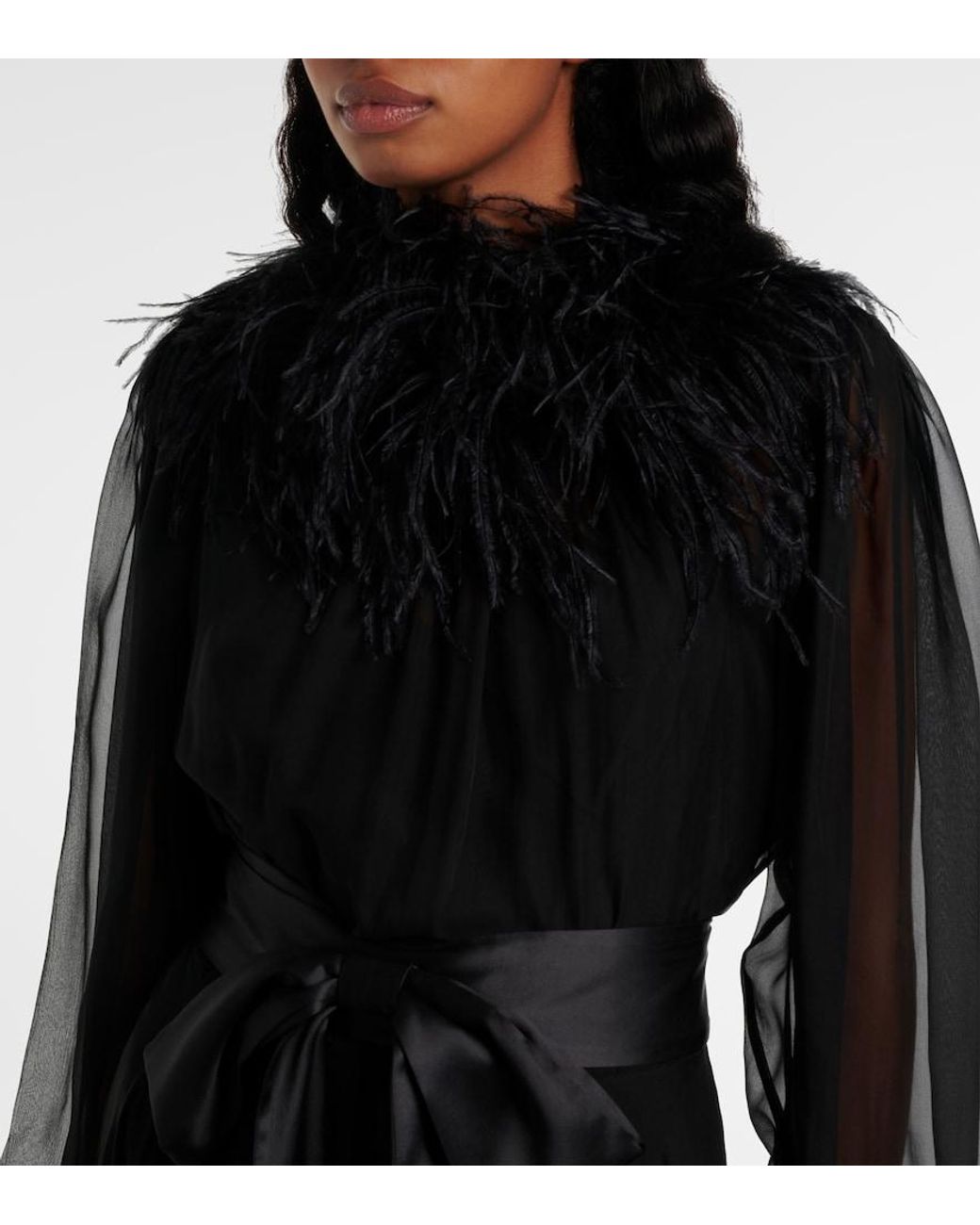 Dolce & Gabbana Black Feather-Trimmed Silk Chiffon Gown