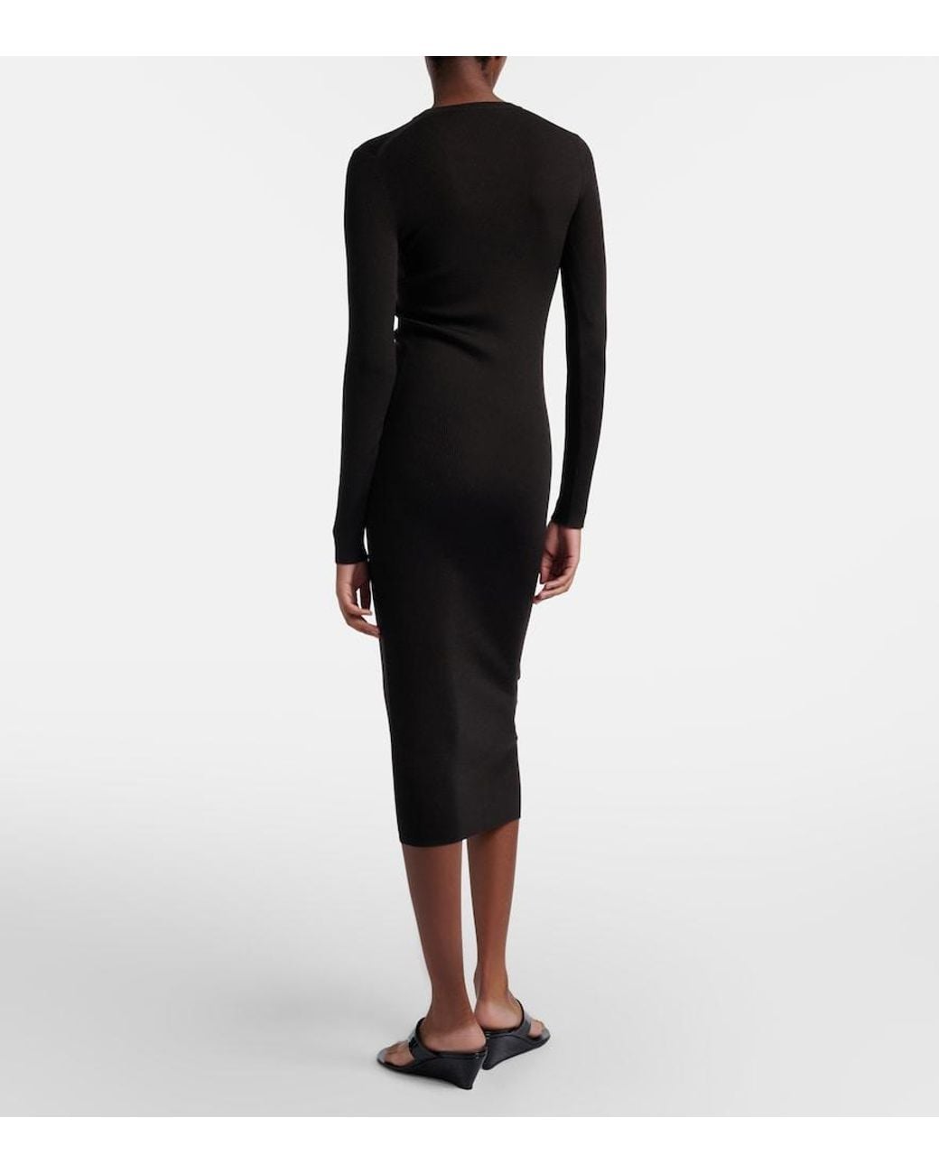 Prada Black Ribbed-Knit Virgin Wool Midi Dress