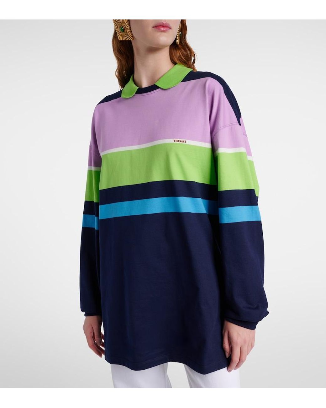 Versace Blue Striped Cotton Jersey Polo Sweater