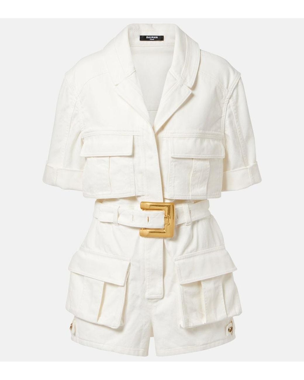 Balmain White Belted Denim Romper