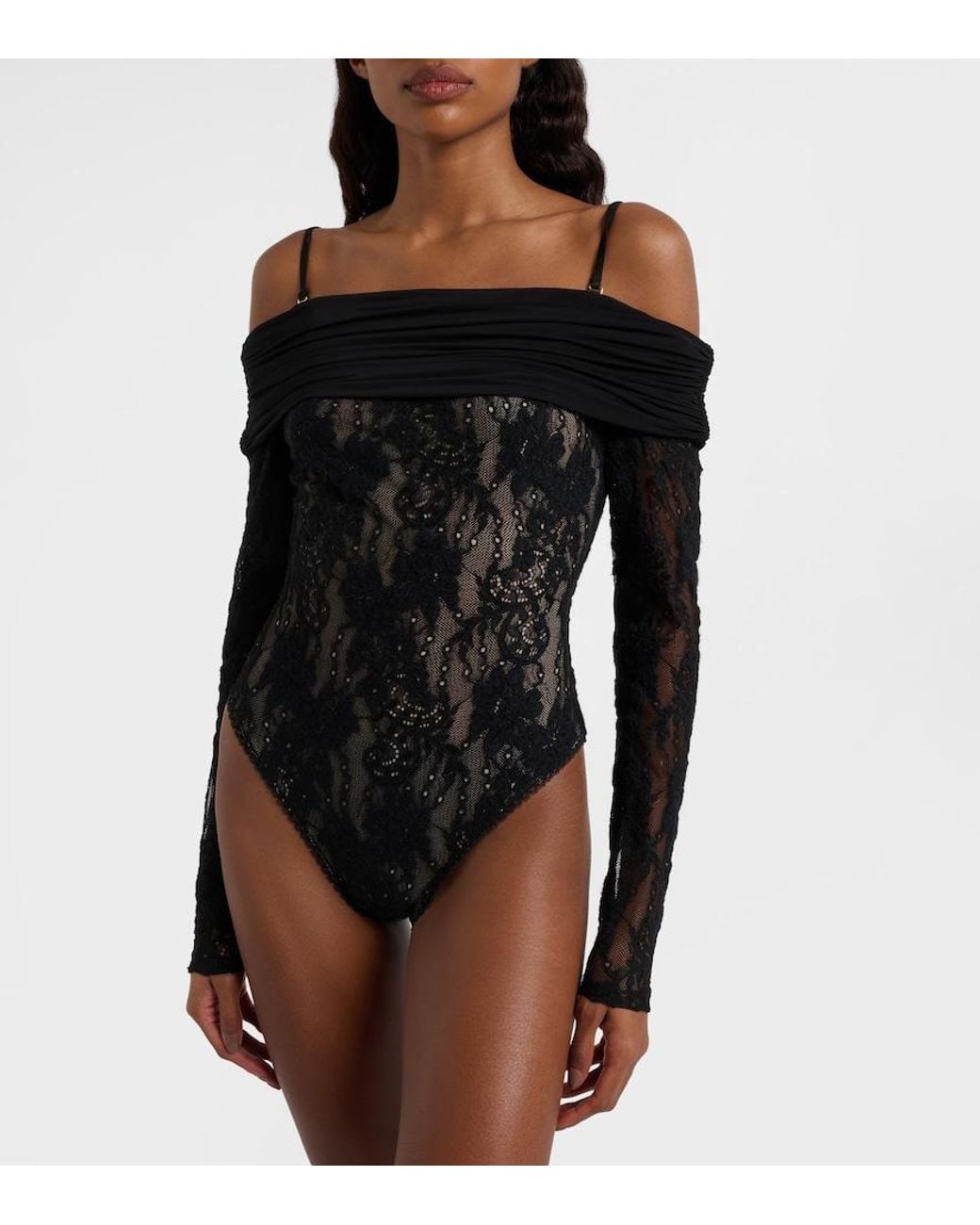Zimmermann Black Rebellion Off-Shoulder Lace Bodysuit