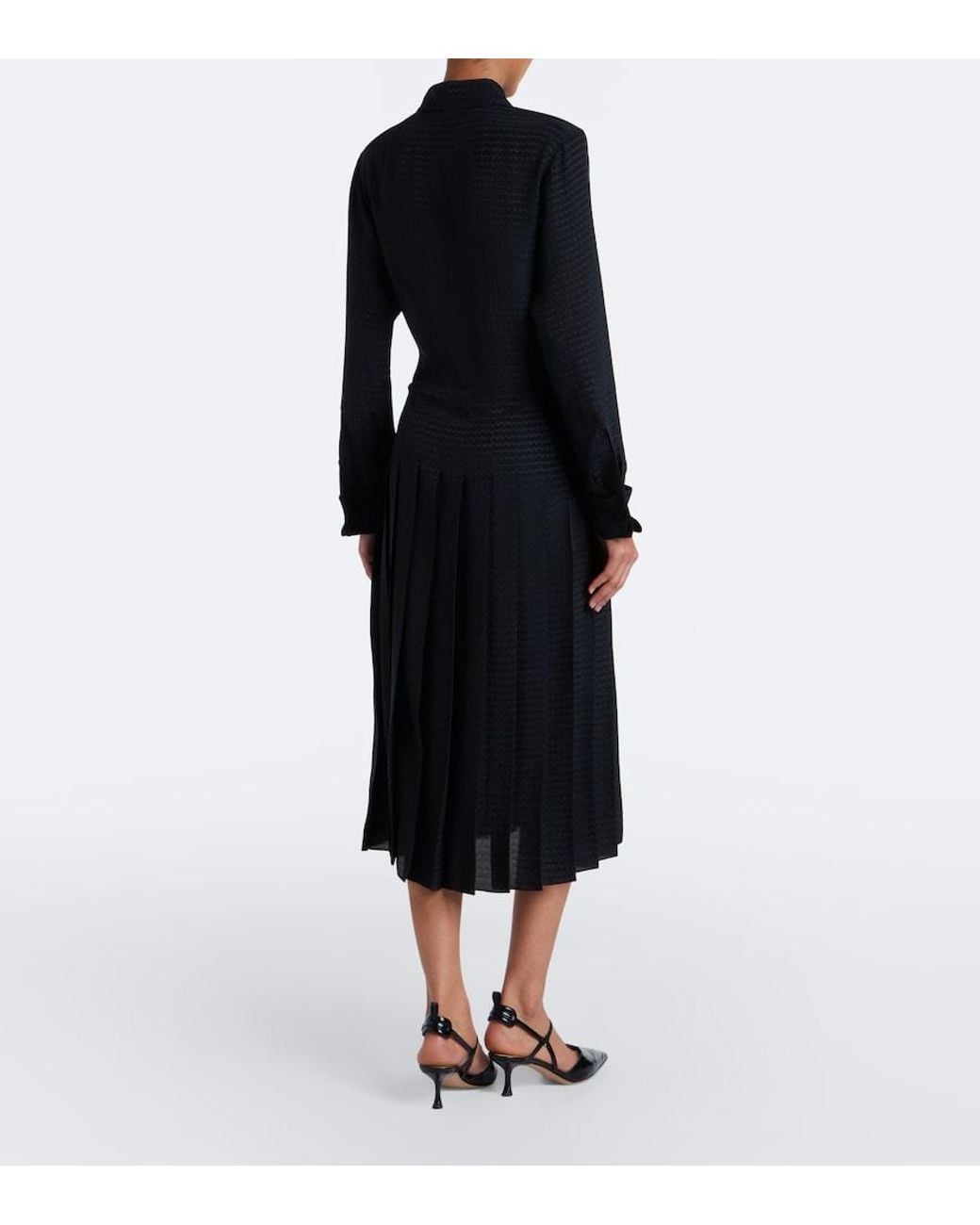 Fendi Black Chevron Jacquard Pleated Silk Midi Dress