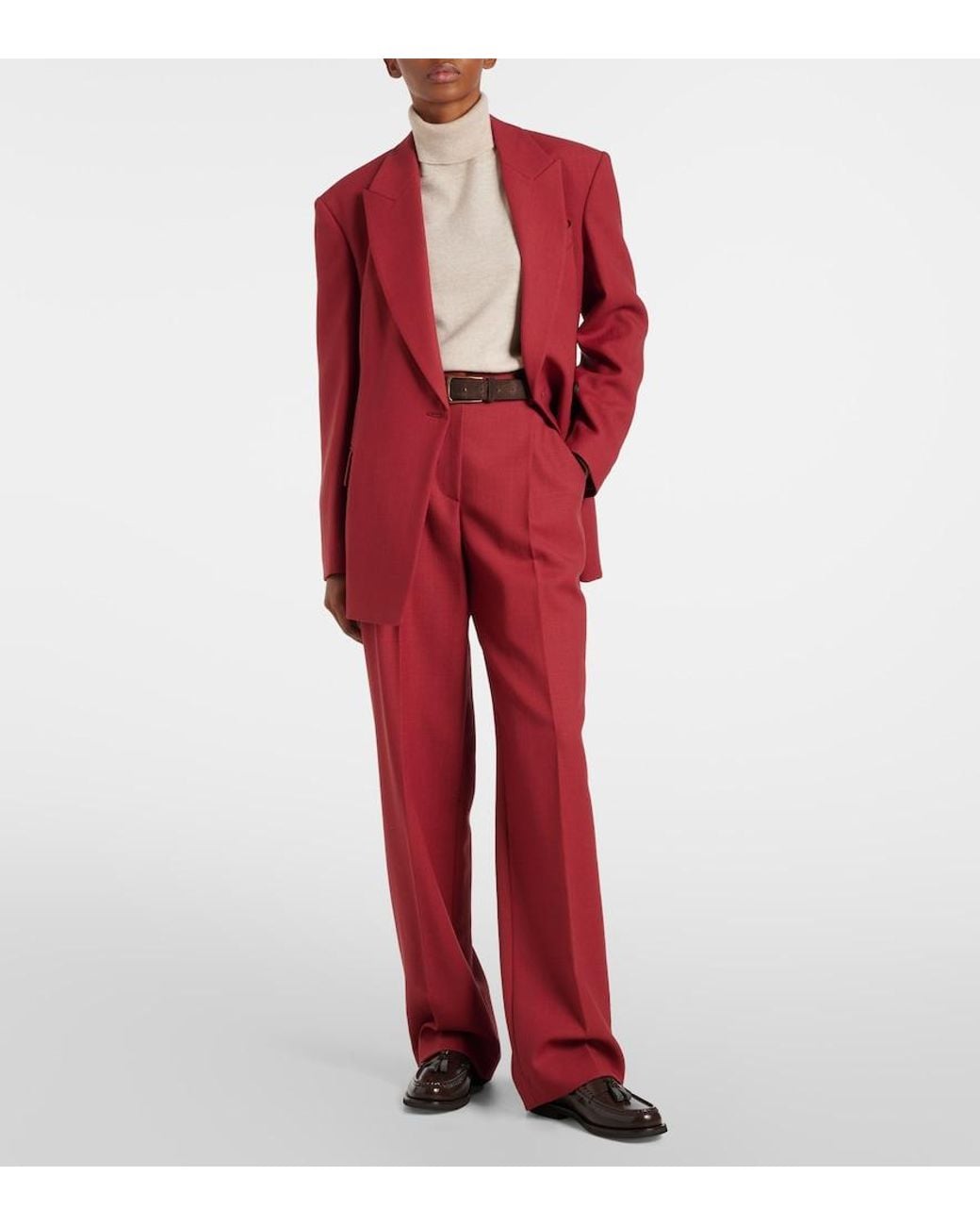 Brunello Cucinelli Red High-Rise Virgin Wool Twill Straight Pants