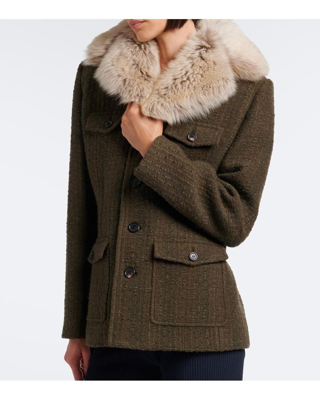 Saint Laurent Green Shearling-Trimmed Wool-Blend Tweed Jacket
