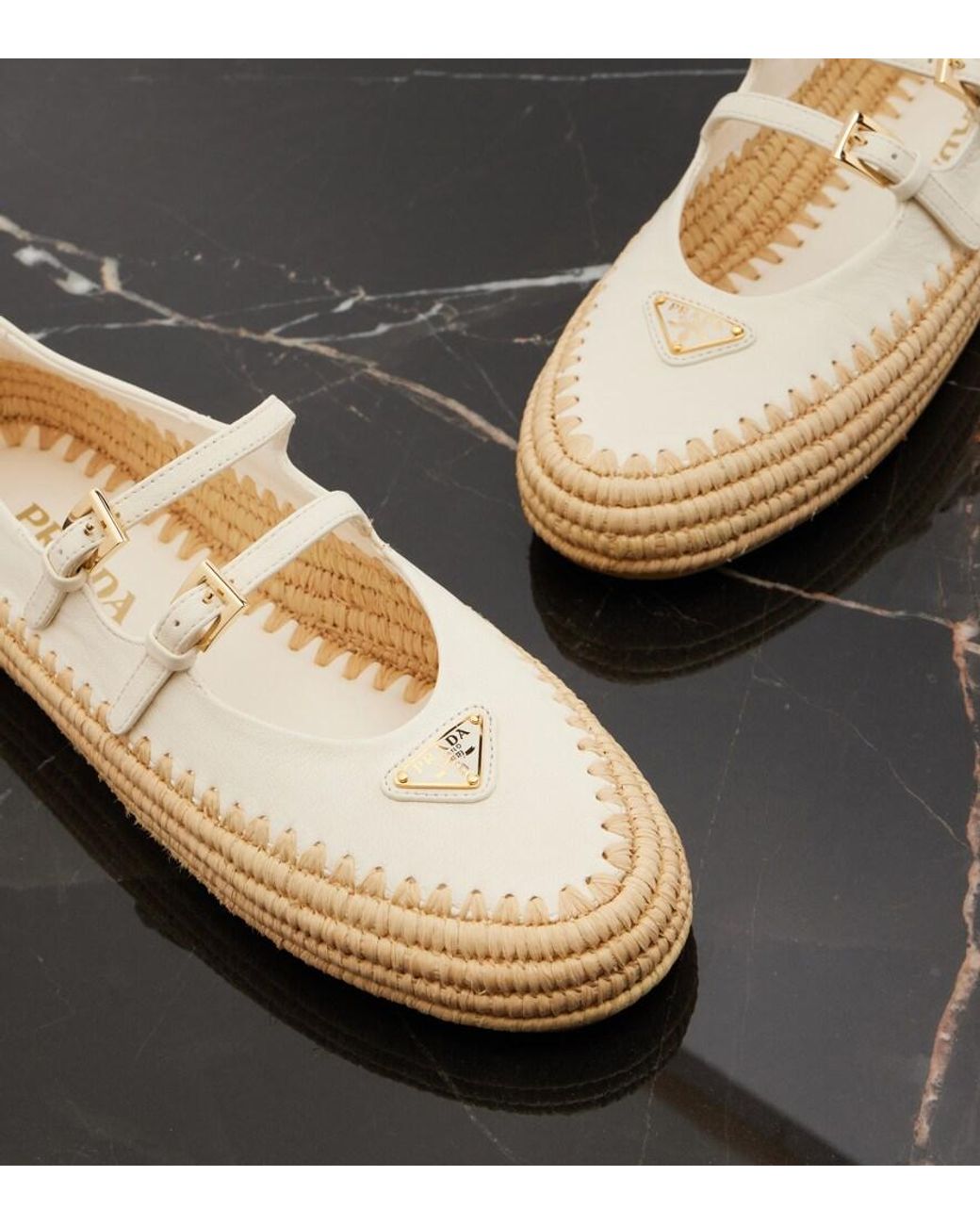 Prada Leather And Raffia Mary Jane Flats in Natural | Lyst UK