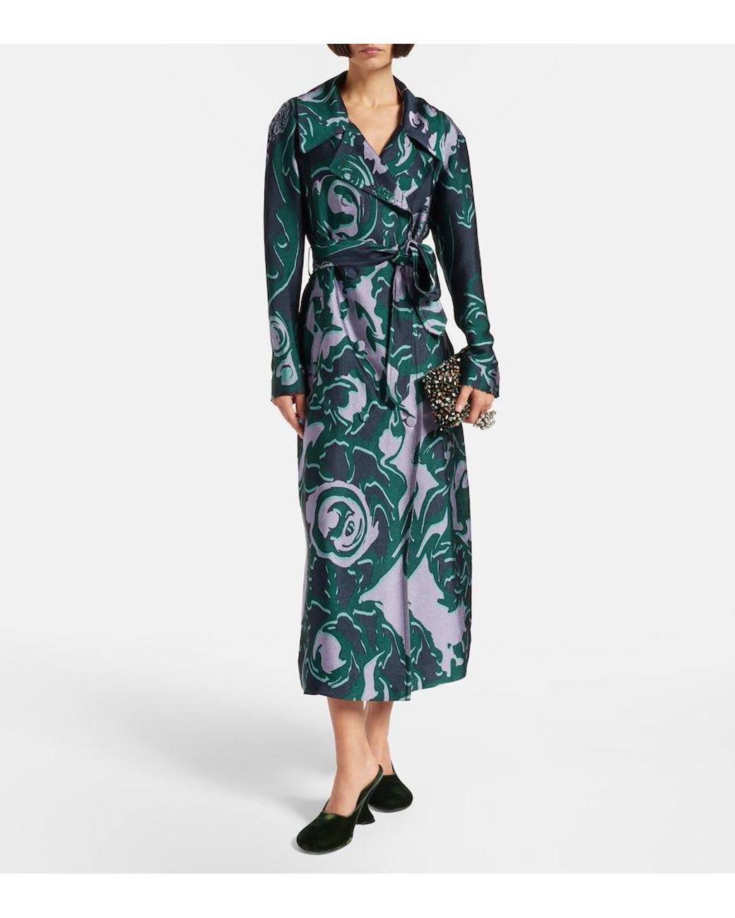Dries Van Noten Green Printed Trench Coat